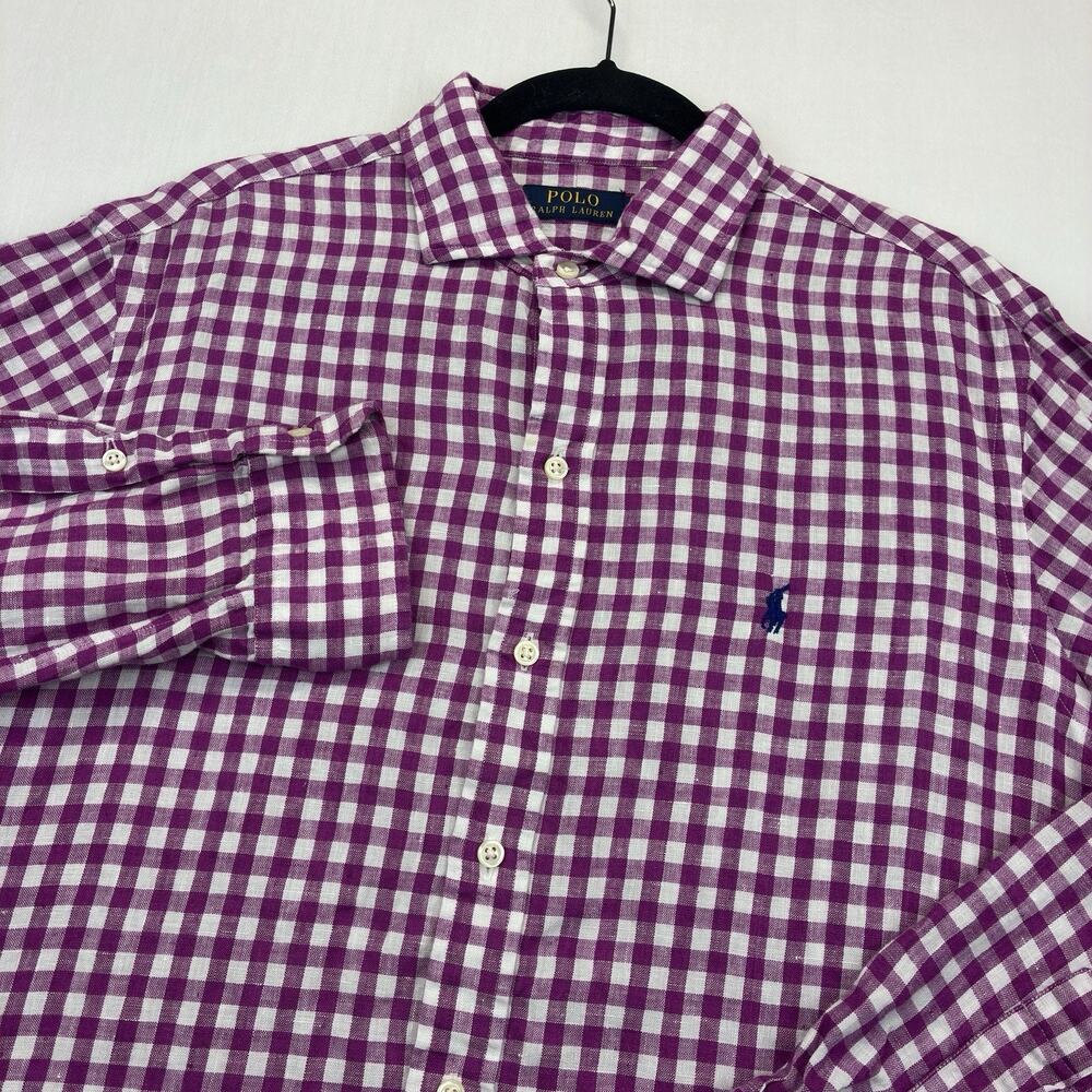 Polo Ralph Lauren Linen Shirt Men’s Large Pink White Gingham Check Custom Fit